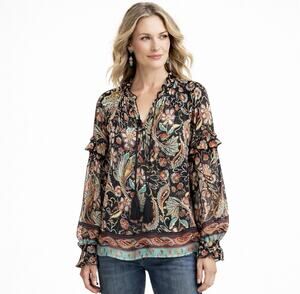 Sundance Women Silk Paisley Floral Bohemian Multicolor Blouse M Ruffle Tassel